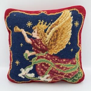 VTG Needlepoint Angel Pillow 9x9 Christmas Tapestry Decor Folk Art Cottagecore